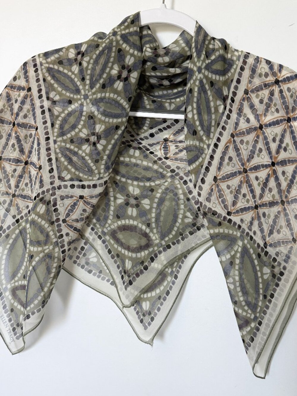 Ellen Tracy Green and White Silk Scarf, 32" Square - Picture 2 of 10